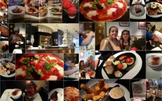 A collage showing Italian dishes like pizza, pasta, desserts, and appetisers, menus, chefs cooking, and people dining, including children. Bright, colourful food is featured throughout, with joyful diners, a busy kitchen, and various plated Italian meals and treats.