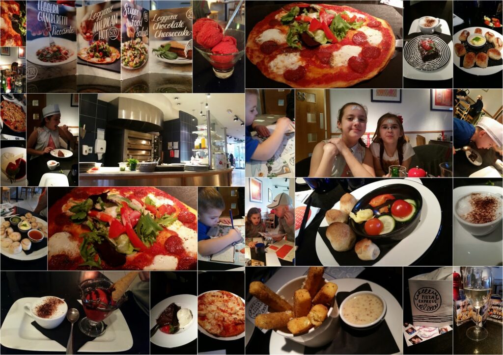 A collage of Italian restaurant scenes: pizzas, desserts, starters, chefs cooking, a child drawing, a family at a table, restaurant menus, and plates of pasta, salads, and fried cheese sticks, capturing a lively dining experience.