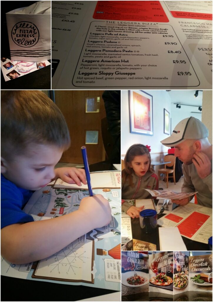 A collage shows: a plate with "Bella Italia" written in chocolate sauce; close-ups of Italian menu pages; a child colouring a menu with crayons; a young girl and a man talking at a table; and dessert menu displays with cakes pictured.