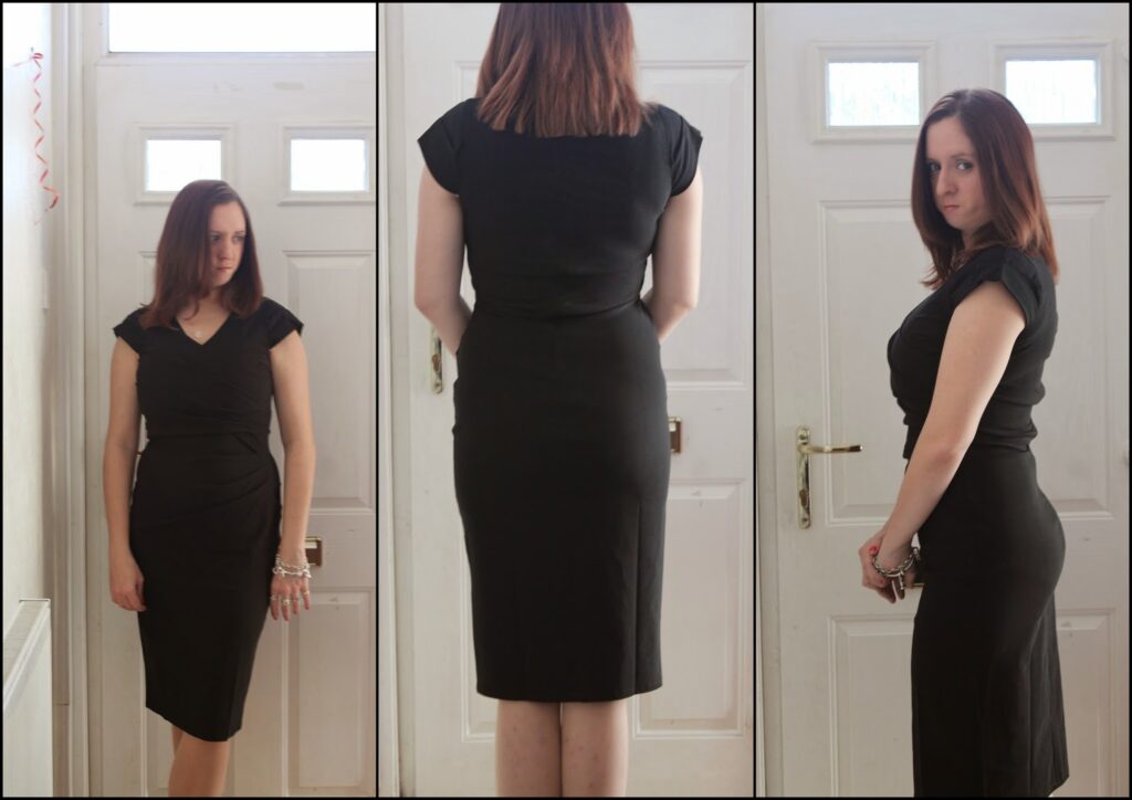 A woman with shoulder-length brown hair models a fitted, knee-length black dress in three poses: facing forward, showing the back, and in profile. She stands indoors in front of a white door with frosted glass panels.