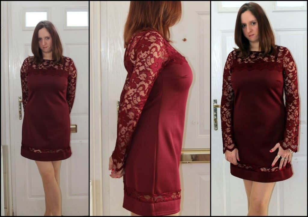 A woman stands indoors in front of a white door, modelling a burgundy dress with sheer lace long sleeves and lace details at the collar and hem. The dress is knee-length. Three panels show front, side, and three-quarter views of the outfit.