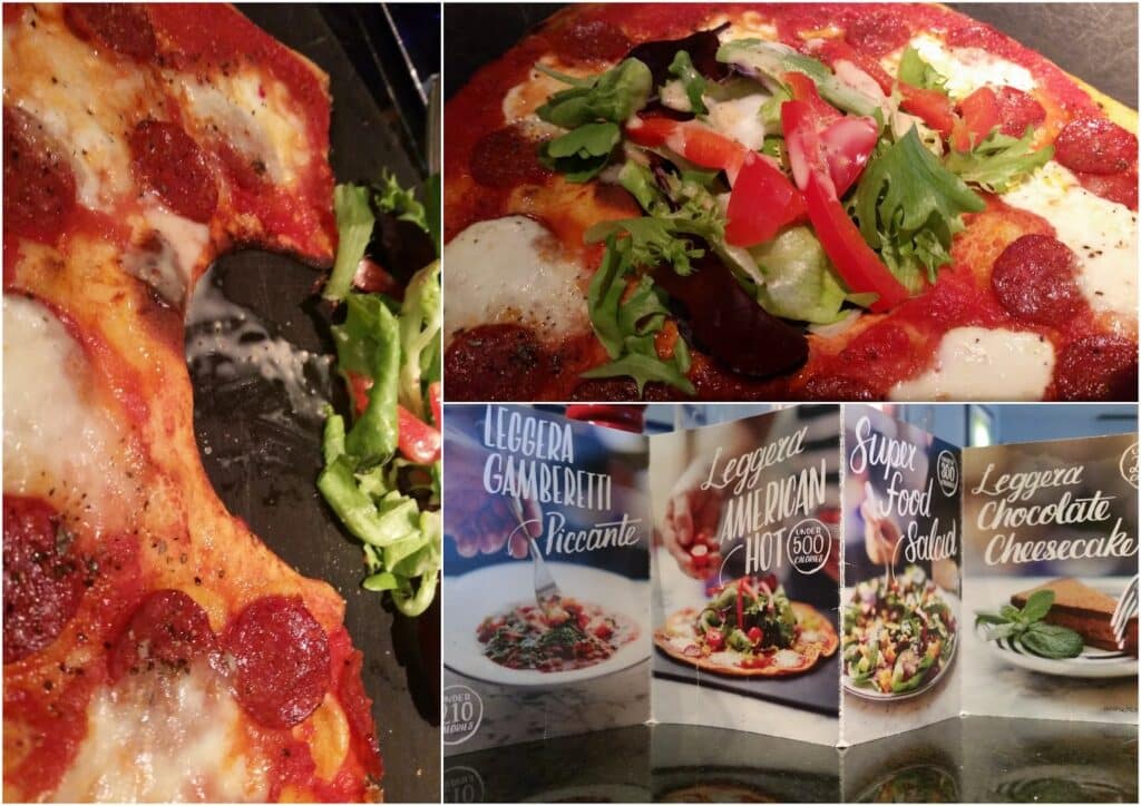 A collage showing: a pepperoni pizza with a slice missing and salad on the side; a close-up of a pizza with mozzarella, tomato, and greens; and three restaurant menu cards advertising pasta, salad, and chocolate cheesecake.