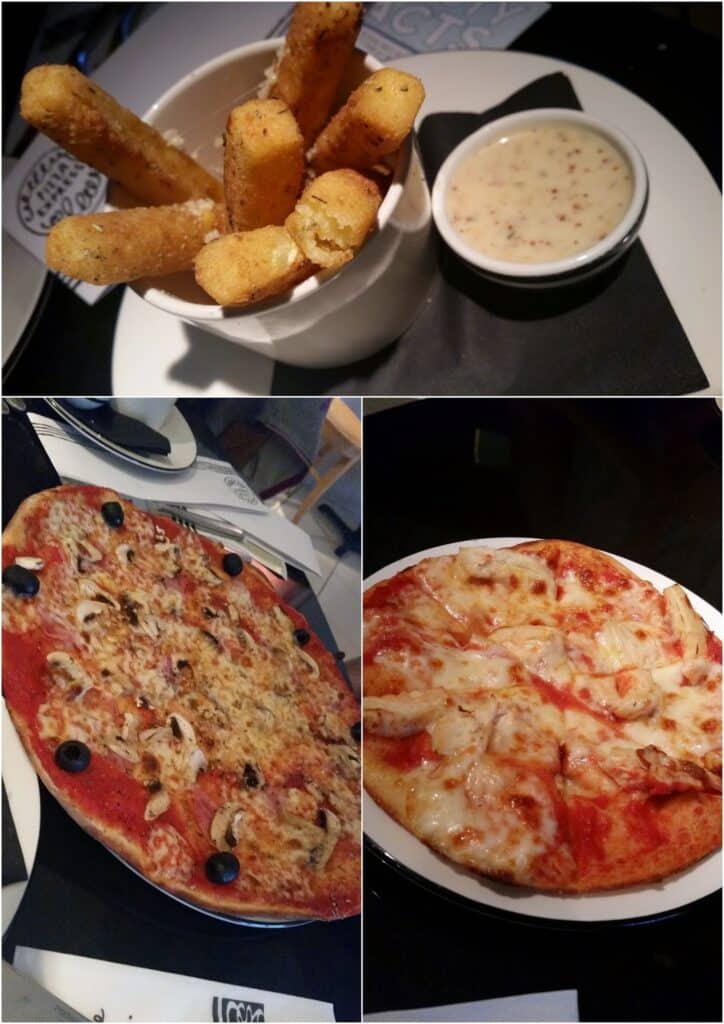 A collage shows: Top—crispy breaded cheese sticks in a cup with creamy dipping sauce on a plate; bottom left—a pizza topped with olives, mushrooms, and cheese; bottom right—a cheese pizza with a golden, bubbly crust.