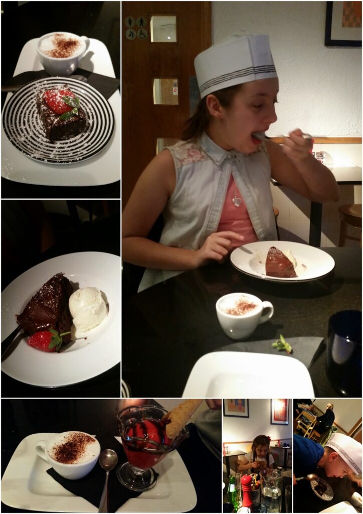 A collage shows a girl in a paper hat joyfully eating chocolate cake at a restaurant. Surrounding images feature plated chocolate desserts, ice cream, strawberries, a cup of coffee, people dining, and drinks on a table.
