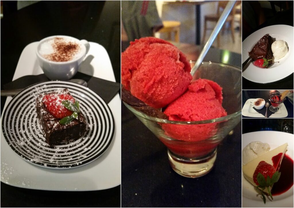 A collage of puddings: A chocolate cake with strawberry and mint, cup of cappuccino, bowl of bright red sorbet, and dishes of chocolate cake and cheesecake, each served with berries or ice cream, on various plates at a restaurant.