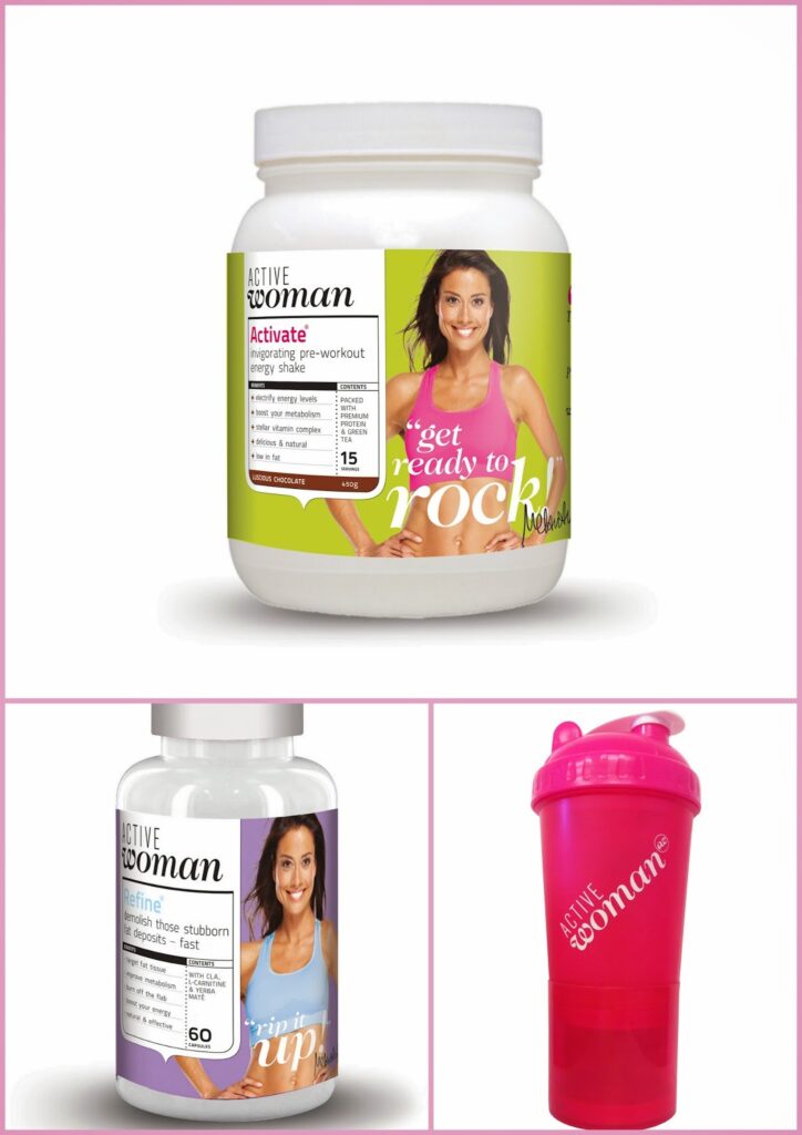 A collage shows two supplement containers and a pink shaker bottle. The top image features a jar labelled "Active Woman Activate" with a smiling woman in workout attire. The bottom left shows another jar with a similar woman. Bottom right: a pink “Active Woman” shaker bottle.