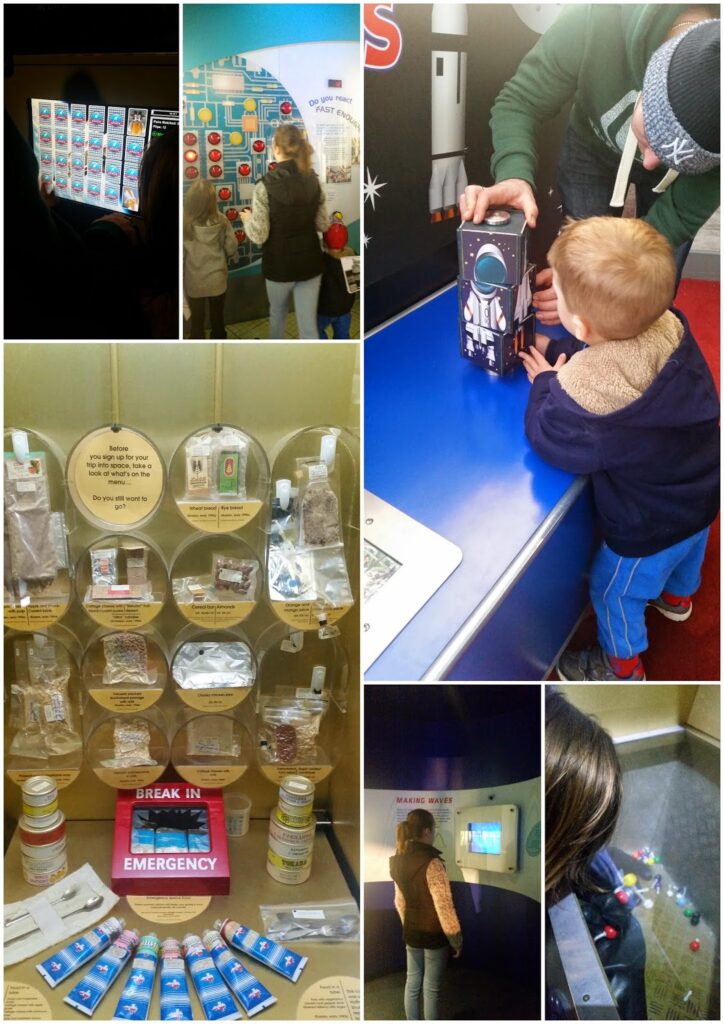 A collage of six photos shows children viewing space-themed exhibits, astronaut and food displays, a man helping a small boy with an interactive astronaut activity, and a close-up of packaged astronaut food behind glass.