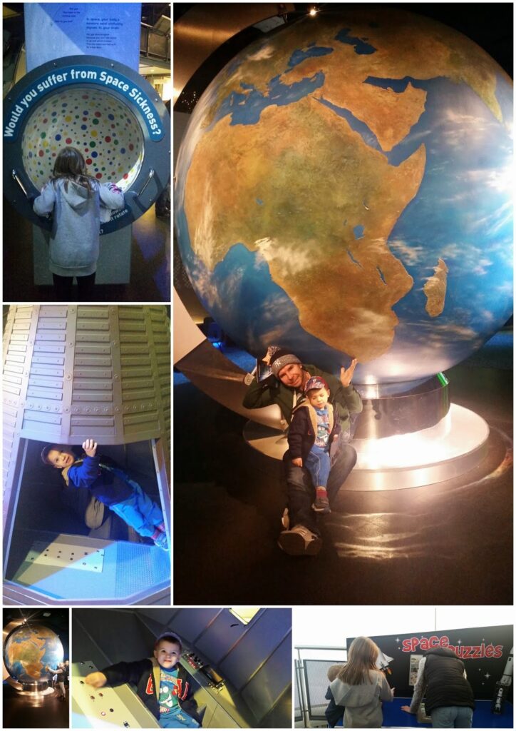 A collage shows children exploring a science museum: a girl looks into a circular display, two kids pose under a large globe, a boy crawls in a long drawer, a boy presses a button, two kids view "Space Puzzles," and a girl stands by storage drawers.