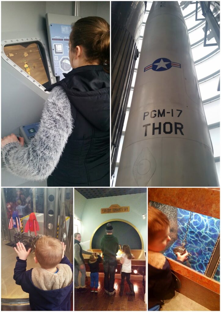 A collage of five images: A girl operates a control panel; a tall white rocket labelled "PGM-17 THOR"; a boy presses his hands to glass, looking at a small rocket display; children and an adult stand at an interactive science exhibit; a boy turns a knob on a blue display.