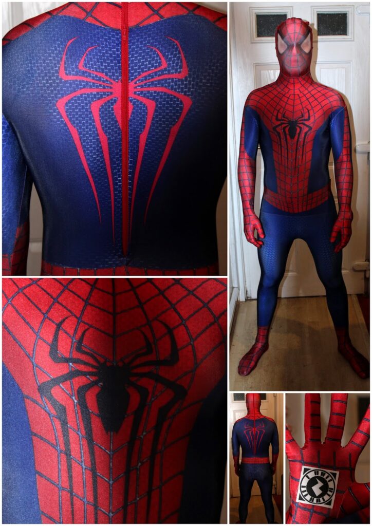 A collage shows a person in a Spider-Man costume. Views include the full front, back, close-ups of the chest and hand with a web pattern and spider symbol, and a detailed back spider logo. The suit is blue and red with black web lines and white eyes on the mask.
