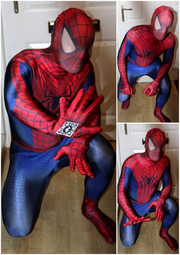 A person in a detailed Spider-Man costume poses in three different ways indoors: crouching with one hand extended, standing and crouching with hands gesturing, and sitting on their haunches. The suit is red and blue with a spider emblem and web patterns.