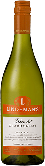 A green wine bottle with an orange screw cap labelled "Lindeman's Bin 65 Chardonnay." The label is mainly orange and white, featuring a large "L" logo and text indicating it's an Australian Chardonnay from the Bin Series.