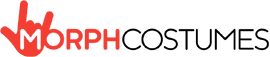 Logo for MorphCostumes. The red word “MORPH” features a hand making the “rock on” gesture, with the index and little fingers up, forming the letter “M.” “COSTUMES” is in black, modern, all-caps font to the right. Light grey background.
