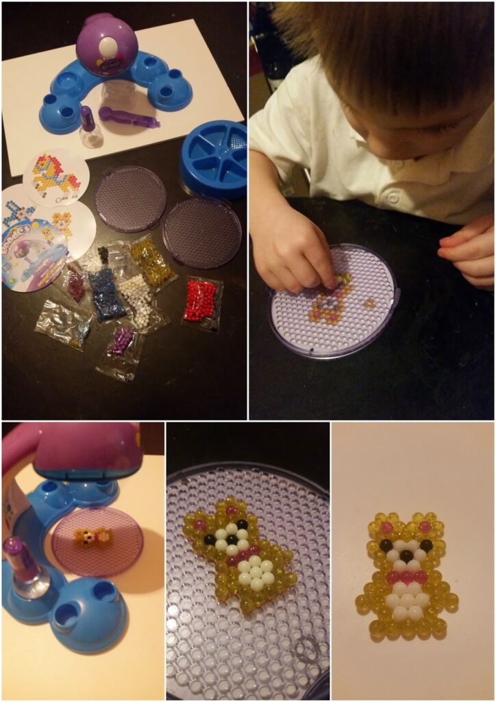 A collage shows a bead art kit, a child placing beads on a purple tray, packets of colourful beads, a UV drying machine, and a completed yellow-and-brown bead animal with white and black facial details on the tray and finished.