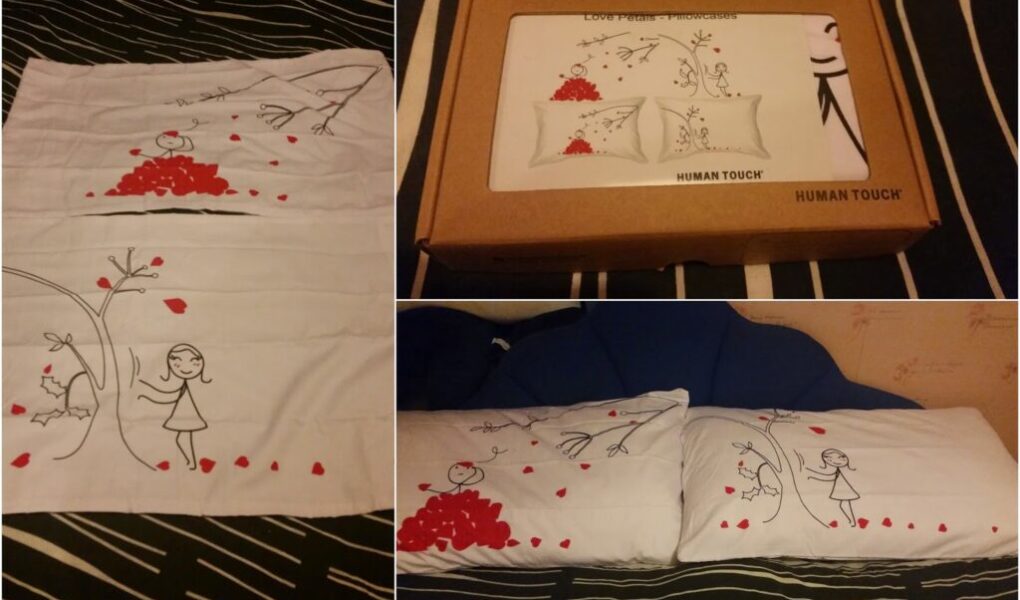 A collage shows: left, a white bedsheet with a cartoon couple, hearts, and a tree; top right, the sheet’s box packaging with the same design; bottom right, the bedsheet on a bed with a blue headboard and two pillows displaying the cartoon scene.