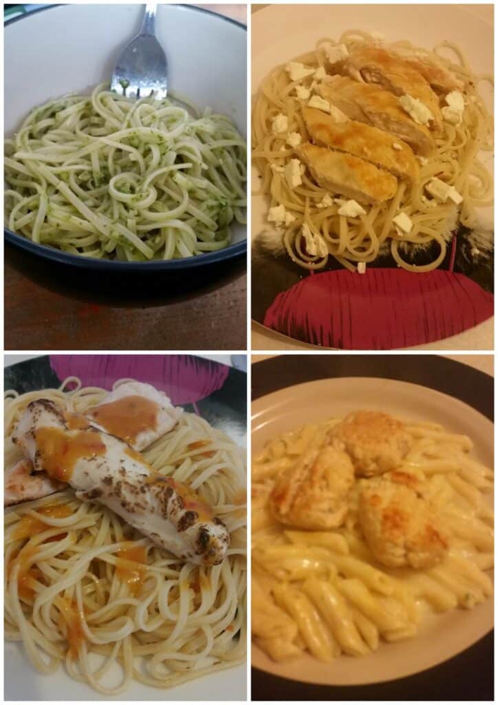 A collage of four dishes: Top left—spaghetti with green pesto in a bowl; top right—spaghetti topped with sliced chicken and crumbled cheese; bottom left—spaghetti with grilled chicken and orange sauce; bottom right—penne pasta with three breaded chicken pieces in a creamy sauce.