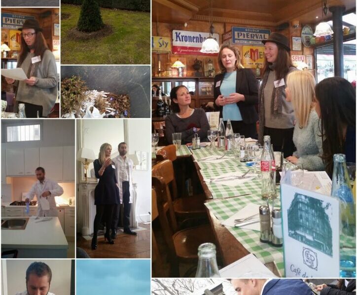 A collage shows Paris scenes: historic buildings, a garden, people dining and speaking at a busy café, chefs cooking, close-ups of food, a view of the Eiffel Tower over a river, and a group gathered outside near a green screen.