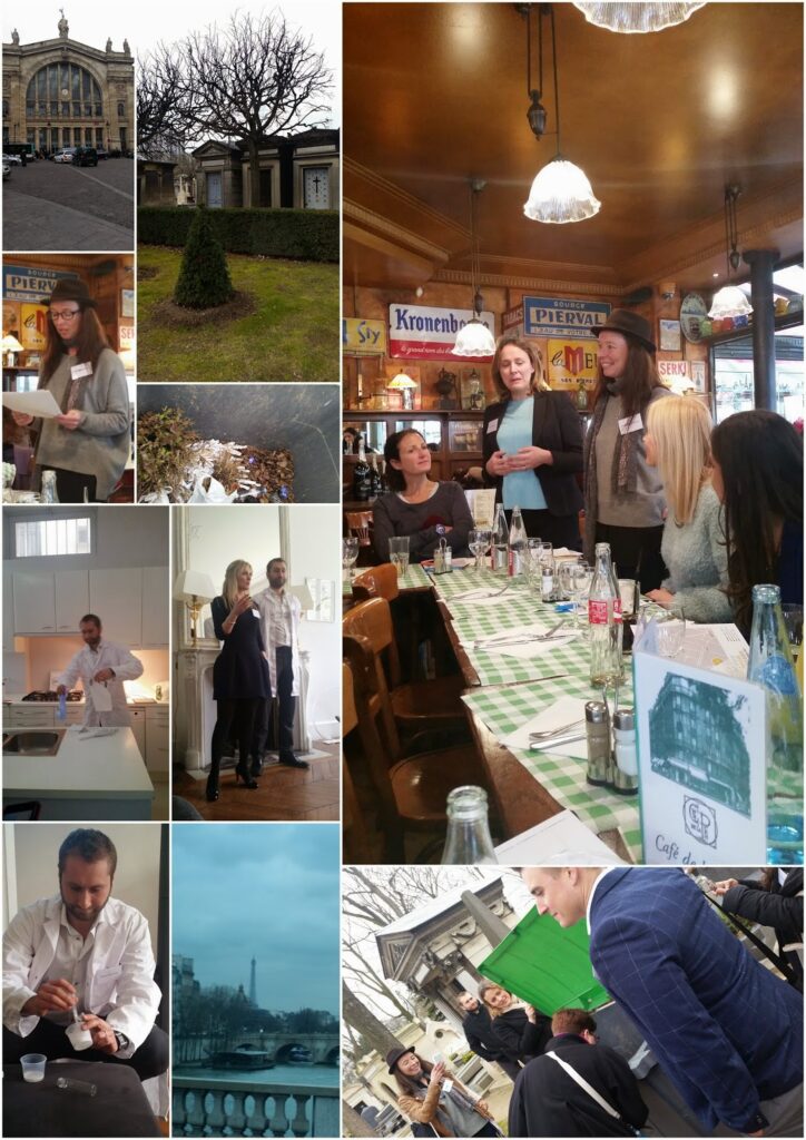 A collage of photos shows cityscapes, a tree and hedge, people cooking and dining indoors, a meeting at a café, a man pouring a drink, the Eiffel Tower seen through rain, and a group talking outside with a green fence in the background.