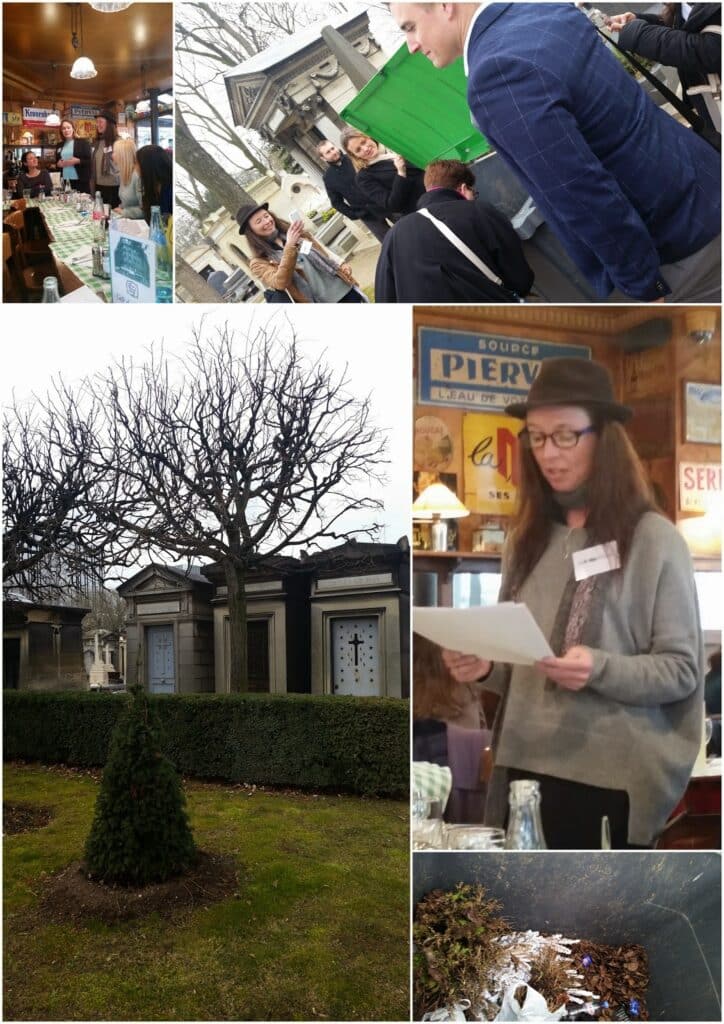 A collage with five photos: a busy indoor market; people gathered around a tour guide outdoors; leafless trees and mausoleums in a cemetery; a woman in a hat reading aloud indoors; and a close-up of leaves and flowers on soil.