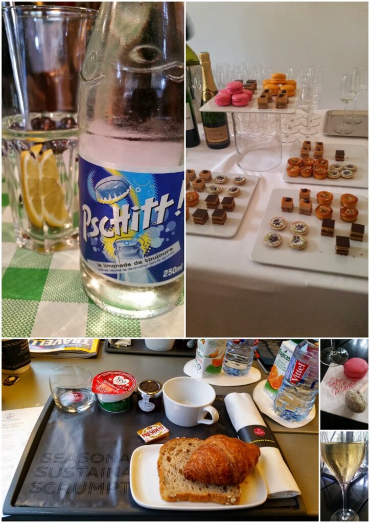 A collage shows a close-up of a sparkling lemonade bottle, glasses of lemon water, trays of colourful macarons and desserts, a hotel breakfast with croissant and yoghurt, bottles of water, and champagne glasses with pink liquid.