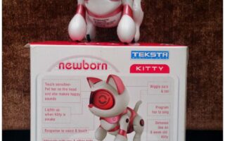 A pink and white robotic cat toy, called "Teksta Newborn Kitty," sits on its product box. The box features images and descriptions of the toy’s abilities, including walking, sitting, begging, and responding to voice and touch.