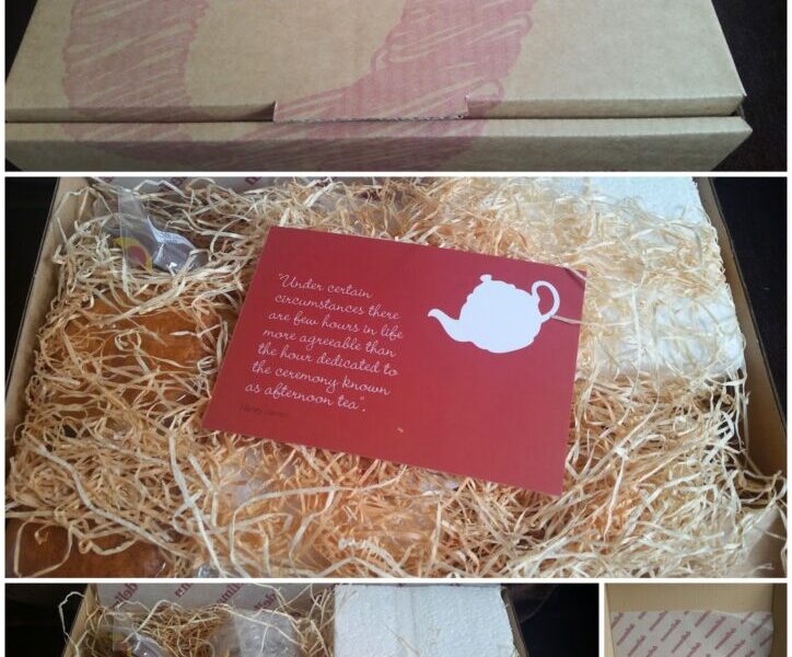 A collage shows a delfinann.co.uk gift box with pink branding, filled with straw. Inside are scones, cakes, a red teapot card, clotted cream, and jam, all arranged neatly. The open box reveals a handwritten note and different treats wrapped separately.