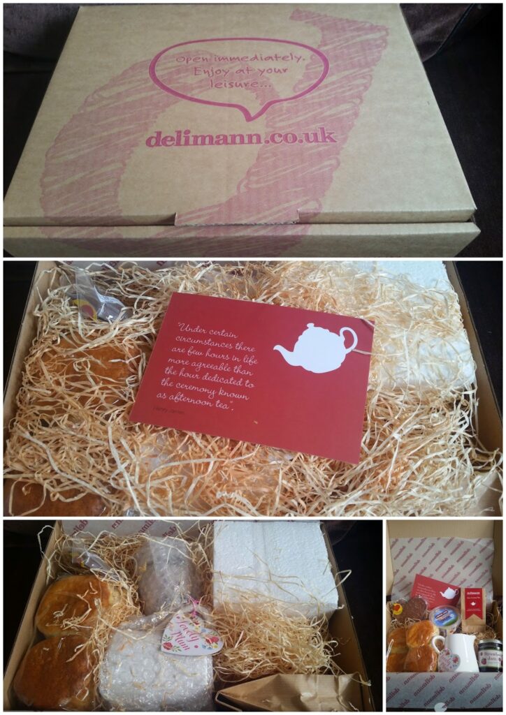A cardboard delfinann.co.uk box with a pink feather and text on the lid. Inside, nestled in shredded paper, are scones, wrapped cakes, and a red card with a teapot. Another photo shows the baked goods and packaging in closer detail.