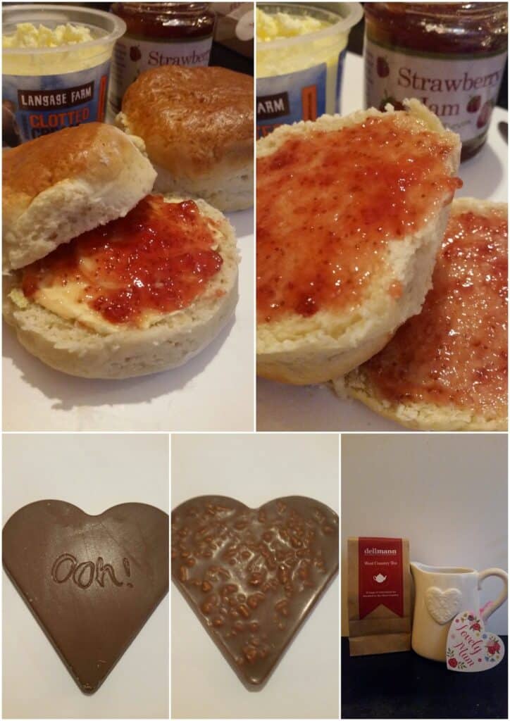A collage shows scones with clotted cream and strawberry jam, chocolate hearts (one with "ooh!" written on it), and a gift set with coffee, a mug with a heart design, and a card; jars of clotted cream and jam are in the background.