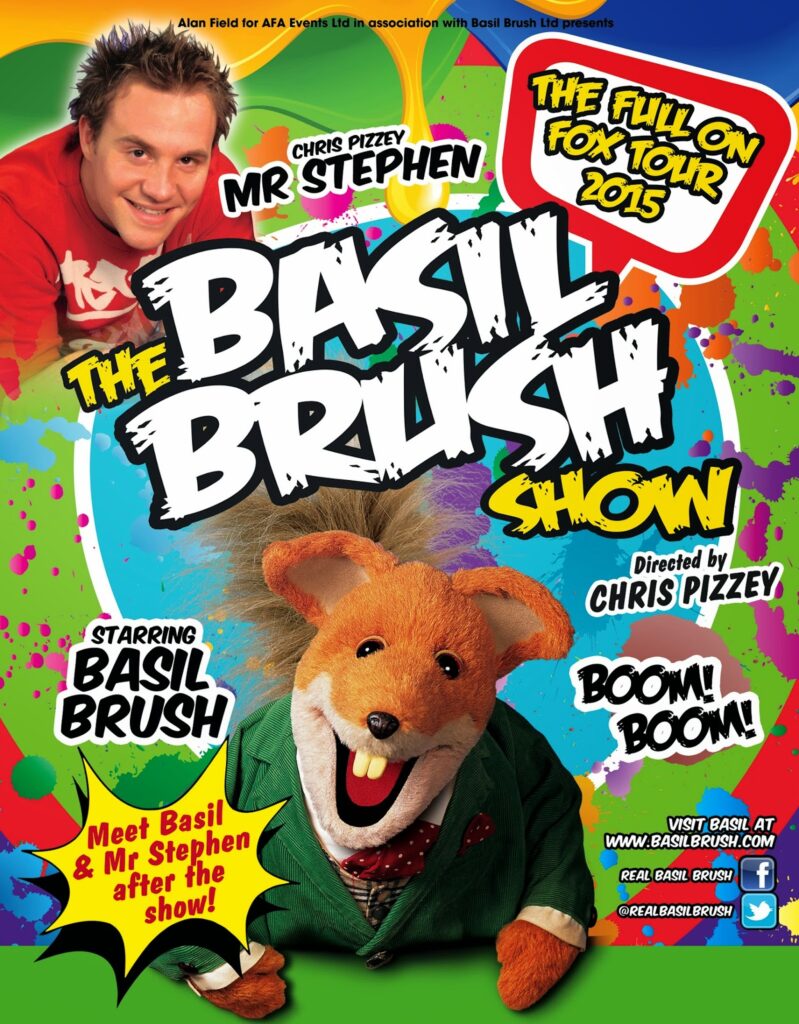 Colourful promotional poster for “The Basil Brush Show” tour. Features puppet fox Basil Brush in a green jacket and red bow tie, smiling. Above him is Chris Pizzey (Mr Stephen) smiling. Bright splashes, bubbles, and text give details of the tour and show.
