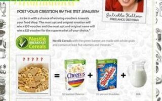 A tall infographic from Nestlé Cereals promotes breakfast week, featuring a sun, cereal boxes, a photo of a woman, instructions for winning a prize, and images showing different cereals combined with fruits, yoghurt, or milk, plus a nutrition chart at the bottom.