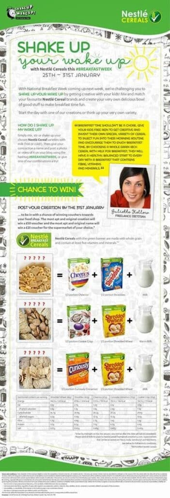 A tall promotional flyer for Nestlé Cereals’ #BREAKFASTWEEK, featuring breakfast tips, a photo of nutritionist Juliette Kellow, a “Chance to Win!” competition, and a table comparing cereal types (Cheerios, Shredded Wheat, Curiously Cinnamon) with milk and fruit.