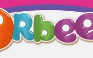 Colourful Orbeez logo with a large orange ball featuring a white spot, followed by rounded, playful letters in blue, green, and purple against a white background with a pink and purple border on top.