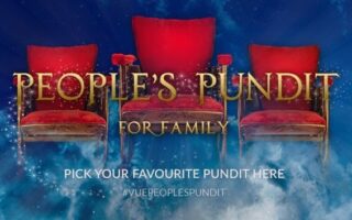 Three ornate red velvet armchairs are arranged side by side above clouds with a blue, starry background. Bold gold text reads, “PEOPLE’S PUNDIT FOR FAMILY.” Below in white: “PICK YOUR FAVOURITE PUNDIT HERE #VUEPEOPLESPUNDIT.”.