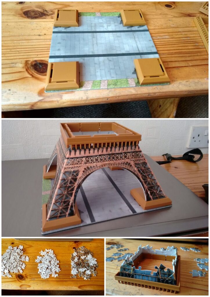 A collage shows stages of building a 3D puzzle of the Eiffel Tower: the base assembled on a wooden table, the tower partly built, sorted puzzle pieces, and walls being added to the base. The background includes wood grain and a white wall.