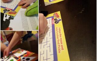 A collage of four photos shows children working on colourful game boards with mazes and counting activities at a table, using crayons and placing small round pieces on the boards, focussing intently on their tasks.