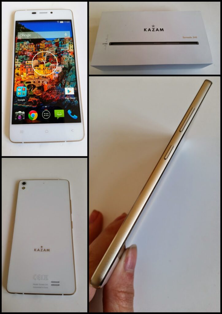 A collage shows a white Kazam Tornado 348 smartphone from various angles: front with screen on, back, thin gold-coloured side with buttons, and the box labelled "Kazam Tornado 348" with an image of the slim phone on top.