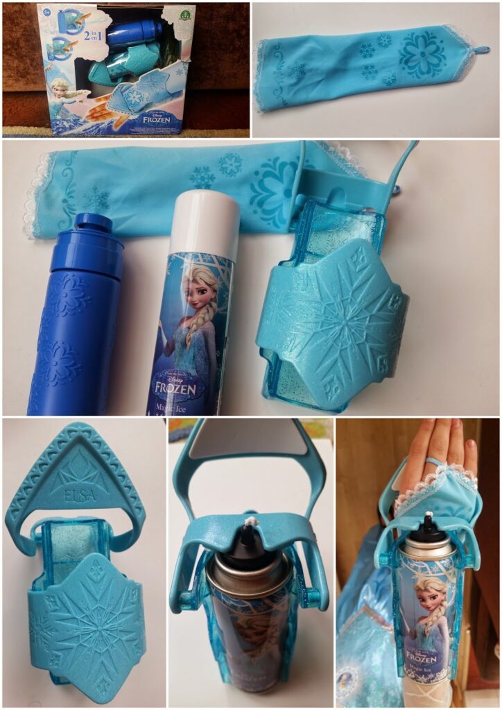 Collage showing a Frozen-themed blue spray bottle kit. Includes a snowflake-patterned blue holder, matching sleeve, and canister with Elsa image. Steps display assembling the holder, inserting the can, and spraying foam onto a blue glove worn on a hand.