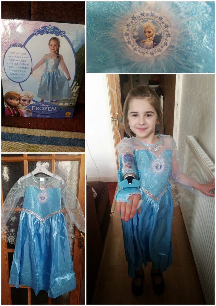 A collage shows a blue Frozen Elsa dress: its packaging with a child wearing it, a close-up of Elsa’s face on the tulle, the dress on a hanger, and a smiling girl dressed as Elsa with an accessory on her wrist in a corridor.