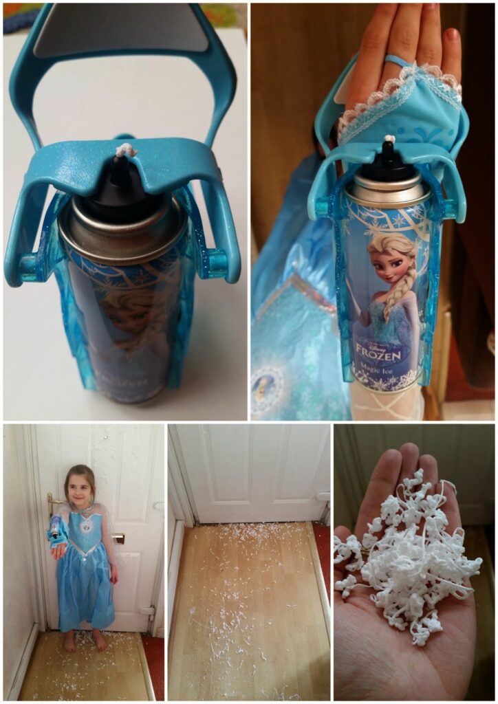 A collage shows a blue Disney Frozen-themed spray can with Elsa on it, a child in a blue Frozen dress holding the can, sprayed fake snow scattered on the floor, and a close-up of the foam resembling snow in a person’s hand.