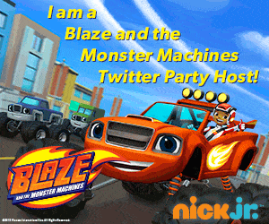 Animated scene from "Blaze and the Monster Machines." Blaze, a red monster truck with big blue eyes and a smiling driver, races on a city street. Other lorries are in the background. Text reads, "I am a Blaze and the Monster Machines Twitter Party Host!" and "nick jr.