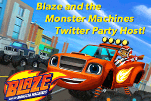 Animated image of Blaze, a smiling red monster truck with yellow flames, and a character in a racing suit driving. Other monster trucks are in the background. Text says, “I am a Blaze and the Monster Machines Twitter Party Host!” Logos for Blaze and Nick Jr.