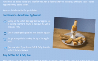 A Roberts Bakery leaflet titled "A Soft & Fluffy Guide to Breakfast in Bed" features a plate with toast soldiers beside a soft-boiled egg in an egg cup. The leaflet offers breakfast tips and information on Roberts Soft & Fluffy loaf, with blue and yellow accents throughout.