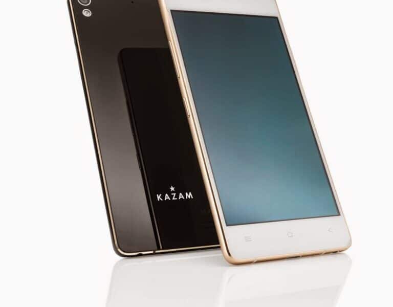 Two Kazam smartphones are displayed against a white background: one gold phone stands upright showing its front screen, while a black phone leans against it, showing its reflective back with the Kazam logo and a single rear camera.