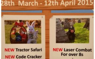 Poster for Hatton Adventure World’s “Easter Eggstravaganza” (28 March–12 April 2015) advertises new Tractor Safari, Code Cracker, Laser Combat for over-8s, and a popular Easter egg hunt, with images of a bunny and a child in camouflage.