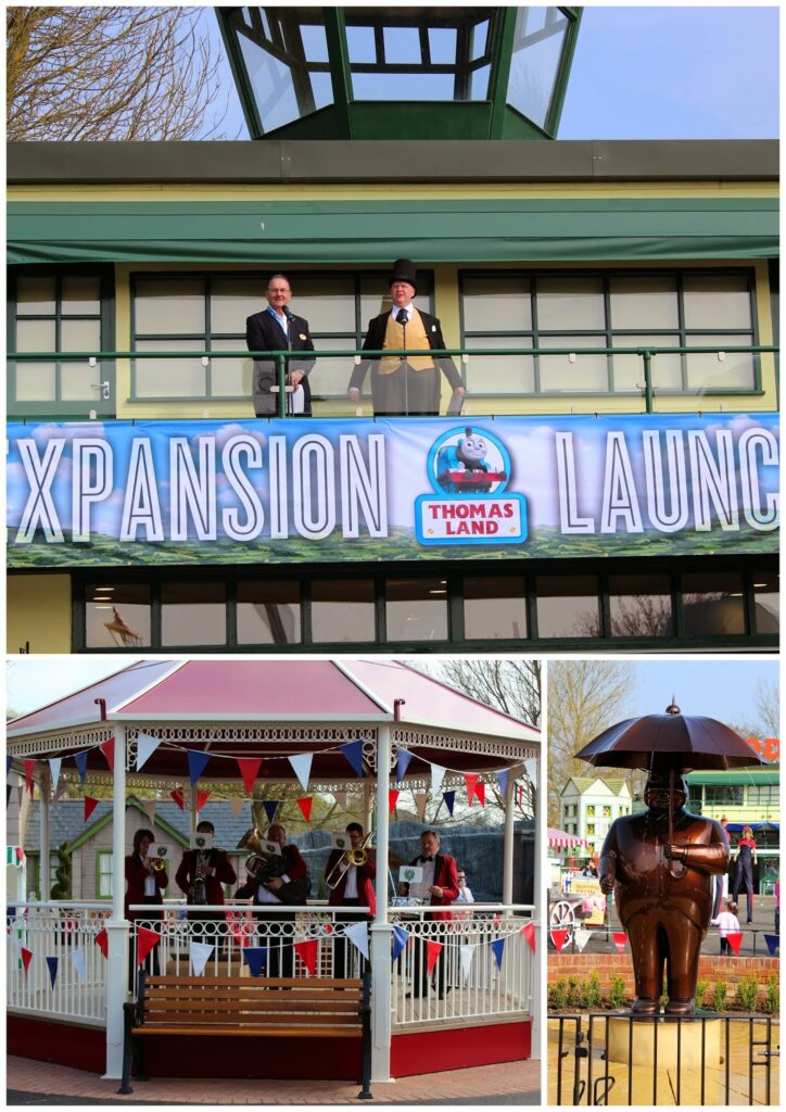 A collage: Top—two men, one dressed as Sir Topham Hatt, stand on a balcony above a “Thomas Land Expansion Launch” banner. Bottom left—a brass band plays in a decorated bandstand. Bottom right—a bronze Sir Topham Hatt statue holds an umbrella.