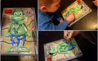 Three photos show a green Frankenstein-themed Operation board game. One image shows the game board close-up, the others show children playing, using tweezers to remove plastic body parts from shaped cavities in the character’s body.