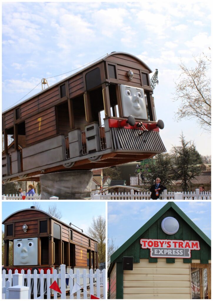 A large Toby the Tram Engine amusement ride with a smiling face swings up in the air. Below, the ride sits behind a white fence. Another image shows a green and red sign for “Toby’s Tram Express” attached to a small building. Trees and sky are in the background.