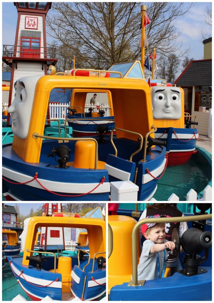 A colourful amusement park ride features smiling cartoon boats in water. In the lower image, a smiling baby in a hat sits inside one boat, grasping the steering wheel, surrounded by bright, playful decorations and sunny weather.
