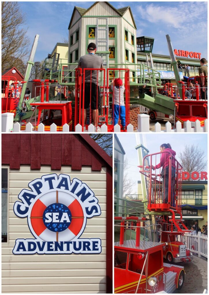A collage shows a family amusement park with a fire engine ride. Children and adults stand on a small red fire engine platform that rises and lowers. The middle image shows a “Captain’s Sea Adventure” sign on a wall, with buildings and trees in the background.