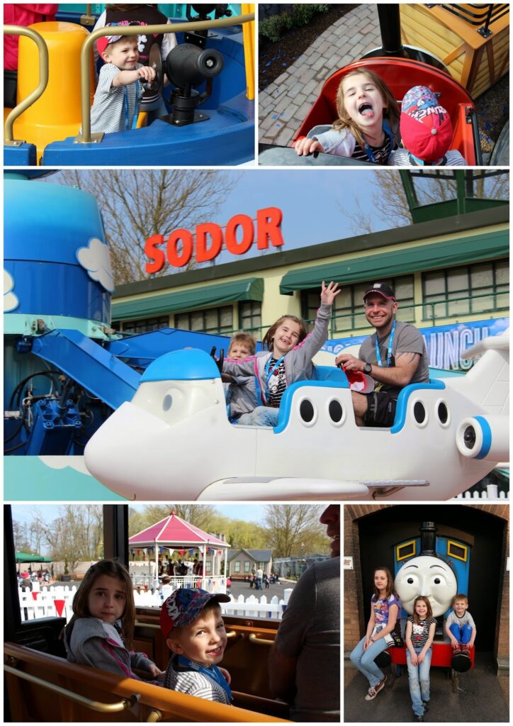 A collage of children and a man enjoying a Thomas the Tank Engine theme park. They ride toy aeroplanes and trains, smile, and pose in front of a Thomas engine. The Sodor sign and colourful rides are visible; all appear happy and excited.